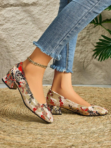 Women's Pink Embroidered Thick Heel Wedding Shoes, Fall/Winter