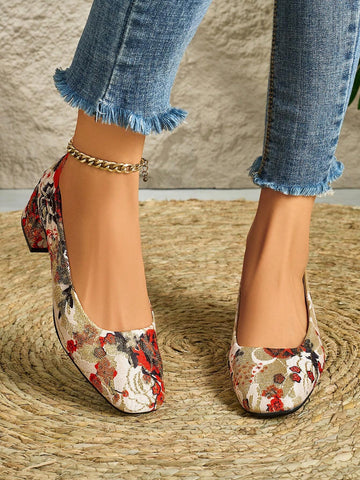 Women's Pink Embroidered Thick Heel Wedding Shoes, Fall/Winter