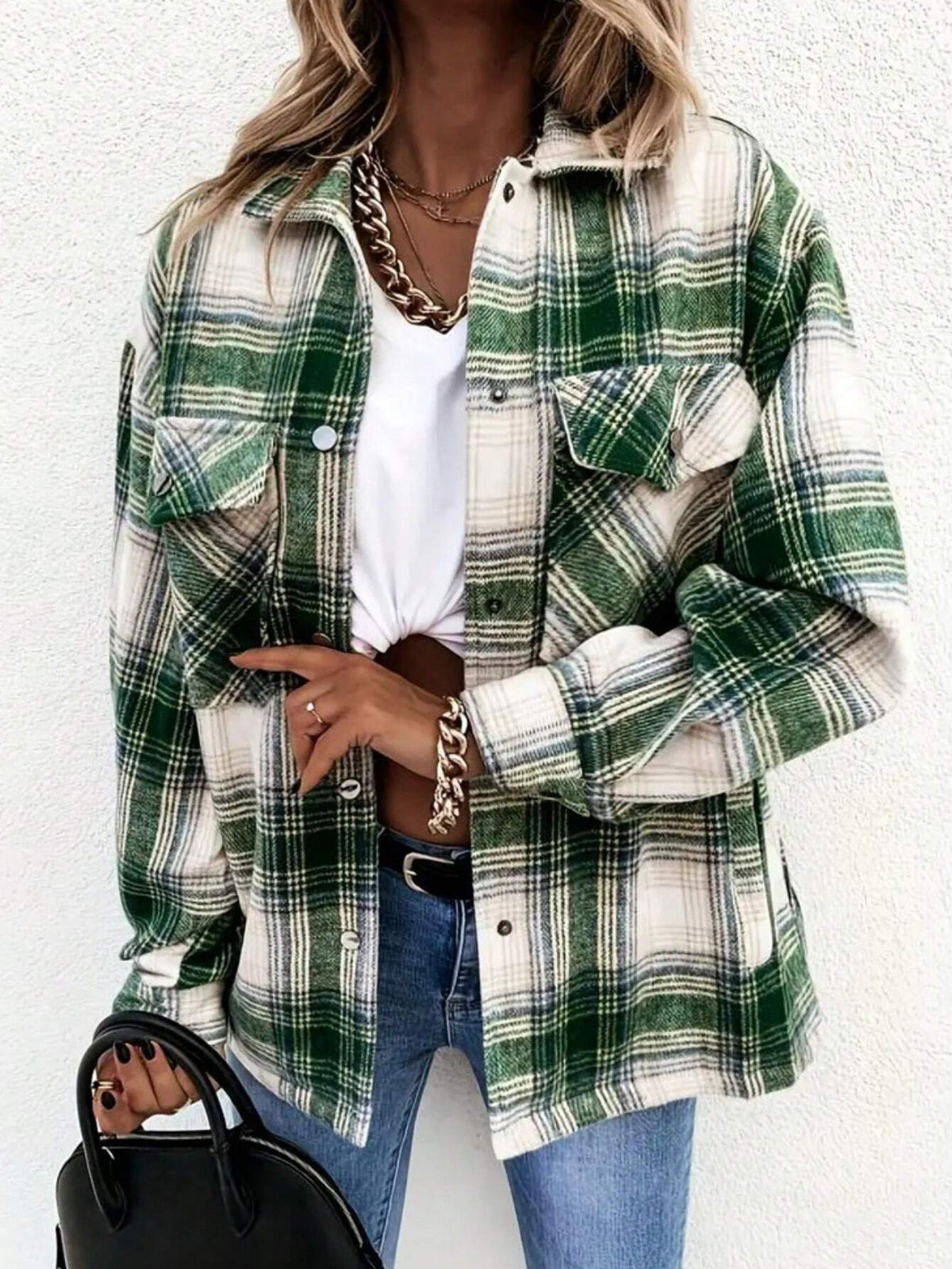 Women's Plaid Drop Shoulder Cargo Pocket Shirt For Autumn