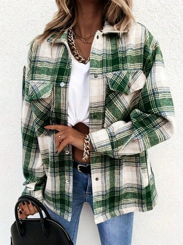 Women's Plaid Drop Shoulder Cargo Pocket Shirt For Autumn