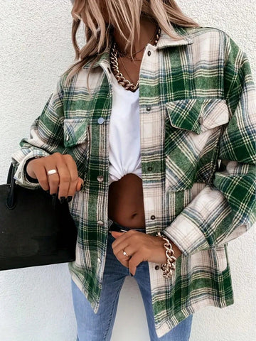 Women's Plaid Drop Shoulder Cargo Pocket Shirt For Autumn