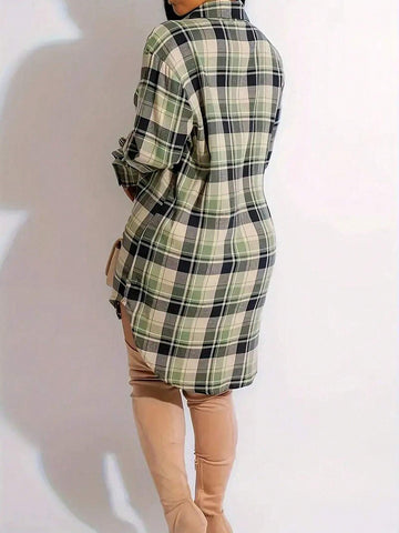 Women's Plaid Drop Shoulder Long Sleeve Single-Breasted Casual Shirt
