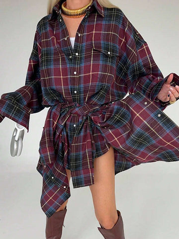 Women's Plaid Drop Shoulder Long Sleeve Single-Breasted Loose Casual Shirt For Autumn