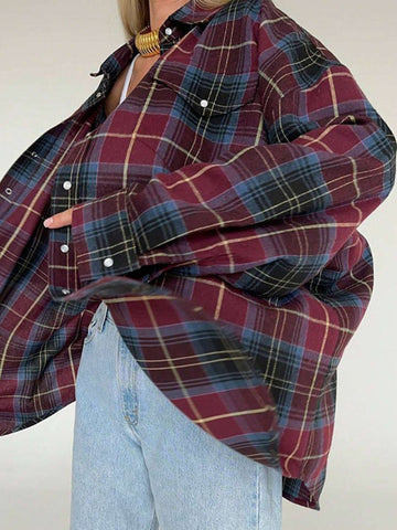 Women's Plaid Drop Shoulder Long Sleeve Single-Breasted Loose Casual Shirt For Autumn
