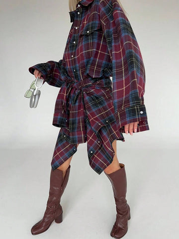 Women's Plaid Drop Shoulder Long Sleeve Single-Breasted Loose Casual Shirt For Autumn