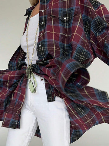 Women's Plaid Drop Shoulder Long Sleeve Single-Breasted Loose Casual Shirt For Autumn