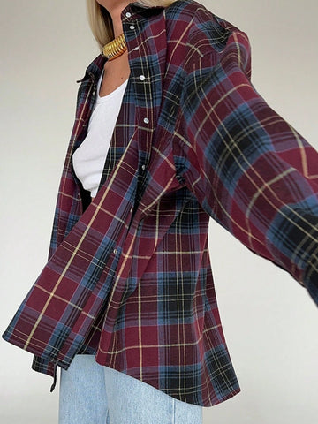 Women's Plaid Drop Shoulder Long Sleeve Single-Breasted Loose Casual Shirt For Autumn