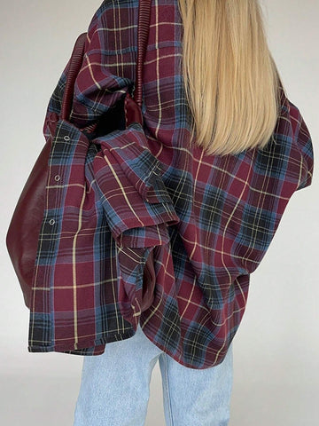 Women's Plaid Drop Shoulder Long Sleeve Single-Breasted Loose Casual Shirt For Autumn