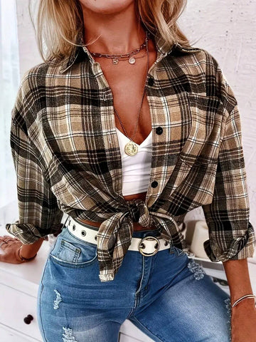Women's Plaid Dropped Shoulder Long Sleeve Single-Breasted Casual Shirt, Autumn