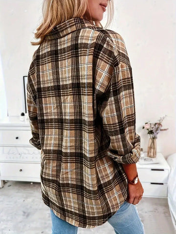 Women's Plaid Dropped Shoulder Long Sleeve Single-Breasted Casual Shirt, Autumn