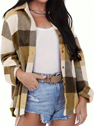 Women's Plaid Long Sleeve Single-Breasted Casual Loose Shirt, Autumn