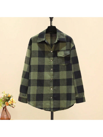Women's Plaid Long Sleeve Single-Breasted Pocket Casual Shirt, Autumn