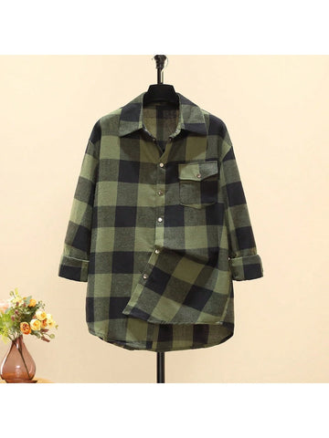Women's Plaid Long Sleeve Single-Breasted Pocket Casual Shirt, Autumn