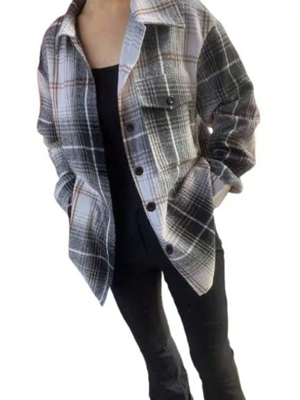 Women's Plaid Long Sleeve Single Breasted Casual Pocket Loose Shirt, Autumn