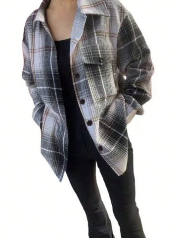 Women's Plaid Long Sleeve Single Breasted Casual Pocket Loose Shirt, Autumn