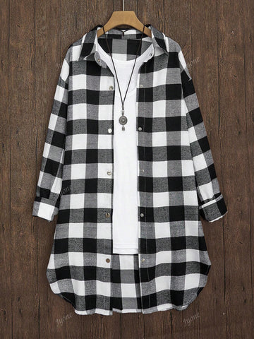 Women's Plaid Mid-Length Loose Pocketed Shacket