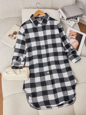 Women's Plaid Mid-Length Loose Pocketed Shacket