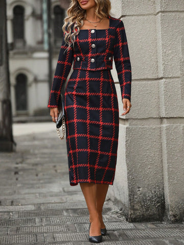 Women's Plaid Pattern Short Jacket And Skirt Set