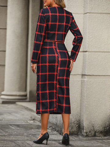 Women's Plaid Pattern Short Jacket And Skirt Set