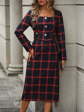 Women's Plaid Pattern Short Jacket And Skirt Set