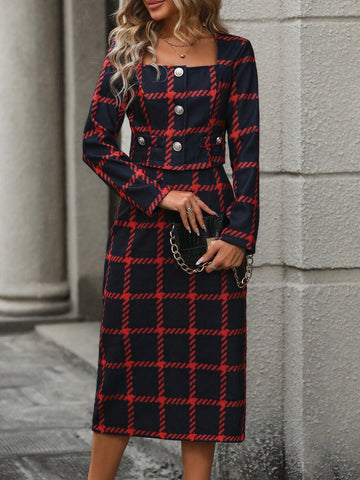 Women's Plaid Pattern Short Jacket And Skirt Set