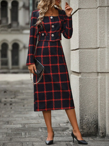 Women's Plaid Pattern Short Jacket And Skirt Set