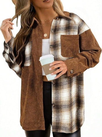 Women's Plaid Print Button-Front Pocket Casual Long Sleeve Shirt, Corduroy Patchwork Boyfriend Style Button-Up Shirt Blouse