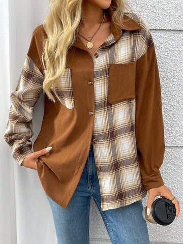 Women's Plaid Print Button-Front Pocket Casual Long Sleeve Shirt, Corduroy Patchwork Boyfriend Style Button-Up Shirt Blouse
