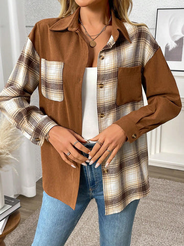 Women's Plaid Print Button-Front Pocket Casual Long Sleeve Shirt, Corduroy Patchwork Boyfriend Style Button-Up Shirt Blouse