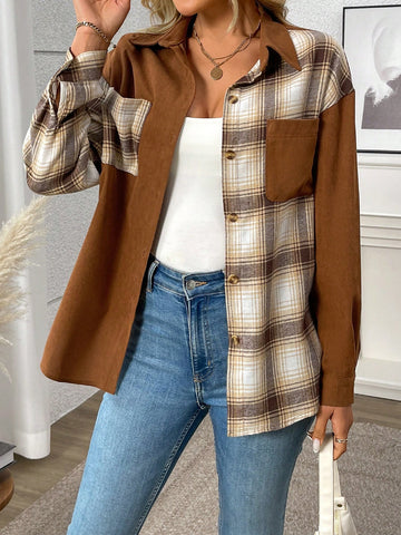Women's Plaid Print Button-Front Pocket Casual Long Sleeve Shirt, Corduroy Patchwork Boyfriend Style Button-Up Shirt Blouse