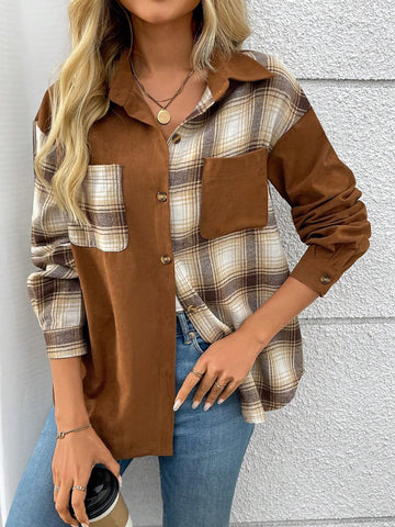 Women's Plaid Print Button-Front Pocket Casual Long Sleeve Shirt, Corduroy Patchwork Boyfriend Style Button-Up Shirt Blouse