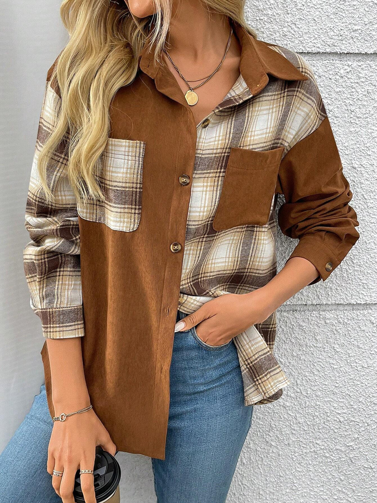Women's Plaid Print Button-Front Pocket Casual Long Sleeve Shirt, Corduroy Patchwork Boyfriend Style Button-Up Shirt Blouse