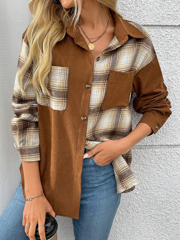 Women's Plaid Print Button-Front Pocket Casual Long Sleeve Shirt, Corduroy Patchwork Boyfriend Style Button-Up Shirt Blouse