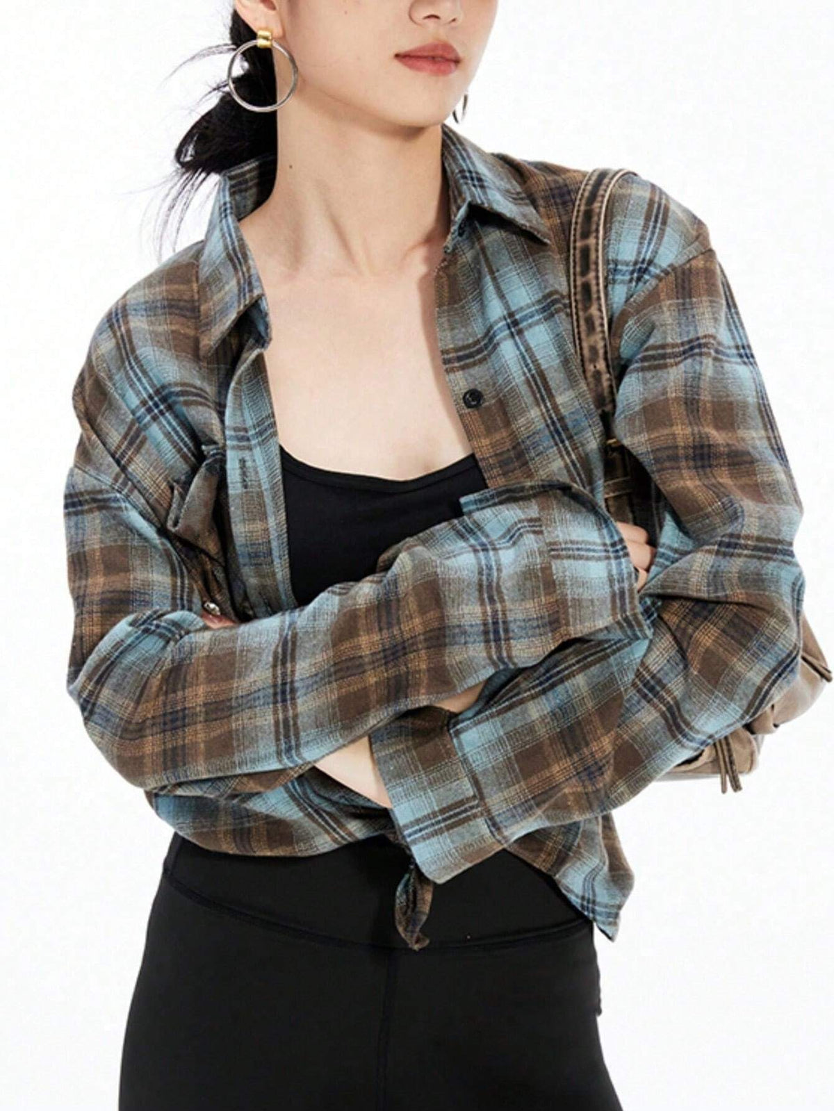 Women's Plaid Print Button Front Pocket Casual Versatile Long Sleeve Shirt