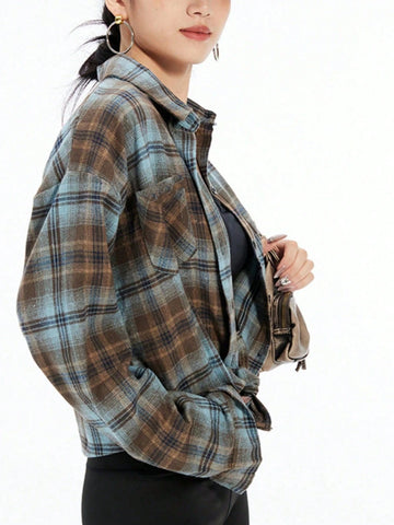 Women's Plaid Print Button Front Pocket Casual Versatile Long Sleeve Shirt