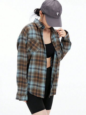 Women's Plaid Print Button Front Pocket Casual Versatile Long Sleeve Shirt
