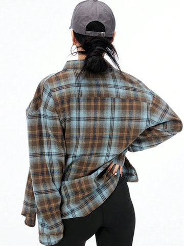 Women's Plaid Print Button Front Pocket Casual Versatile Long Sleeve Shirt