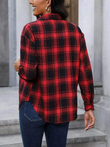 Women's Plaid Print Front Button Casual Long Sleeve Blouse