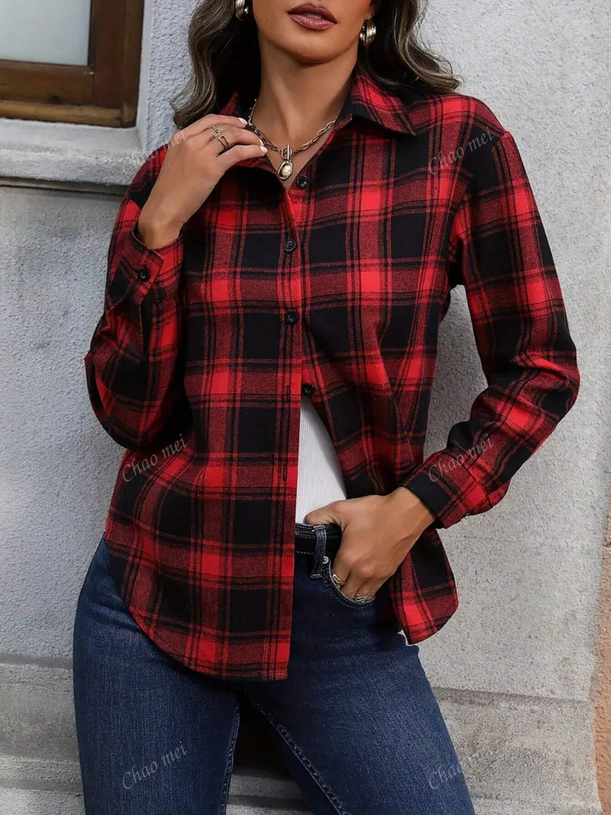 Women's Plaid Print Front Button Casual Long Sleeve Blouse