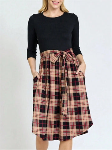 Women's Plaid Print Patchwork Casual Dress, Minimalist And Fashion Daily Style