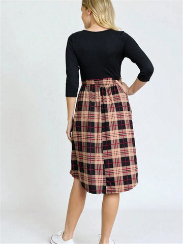 Women's Plaid Print Patchwork Casual Dress, Minimalist And Fashion Daily Style