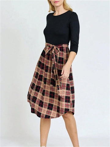 Women's Plaid Print Patchwork Casual Dress, Minimalist And Fashion Daily Style