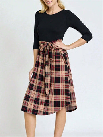 Women's Plaid Print Patchwork Casual Dress, Minimalist And Fashion Daily Style