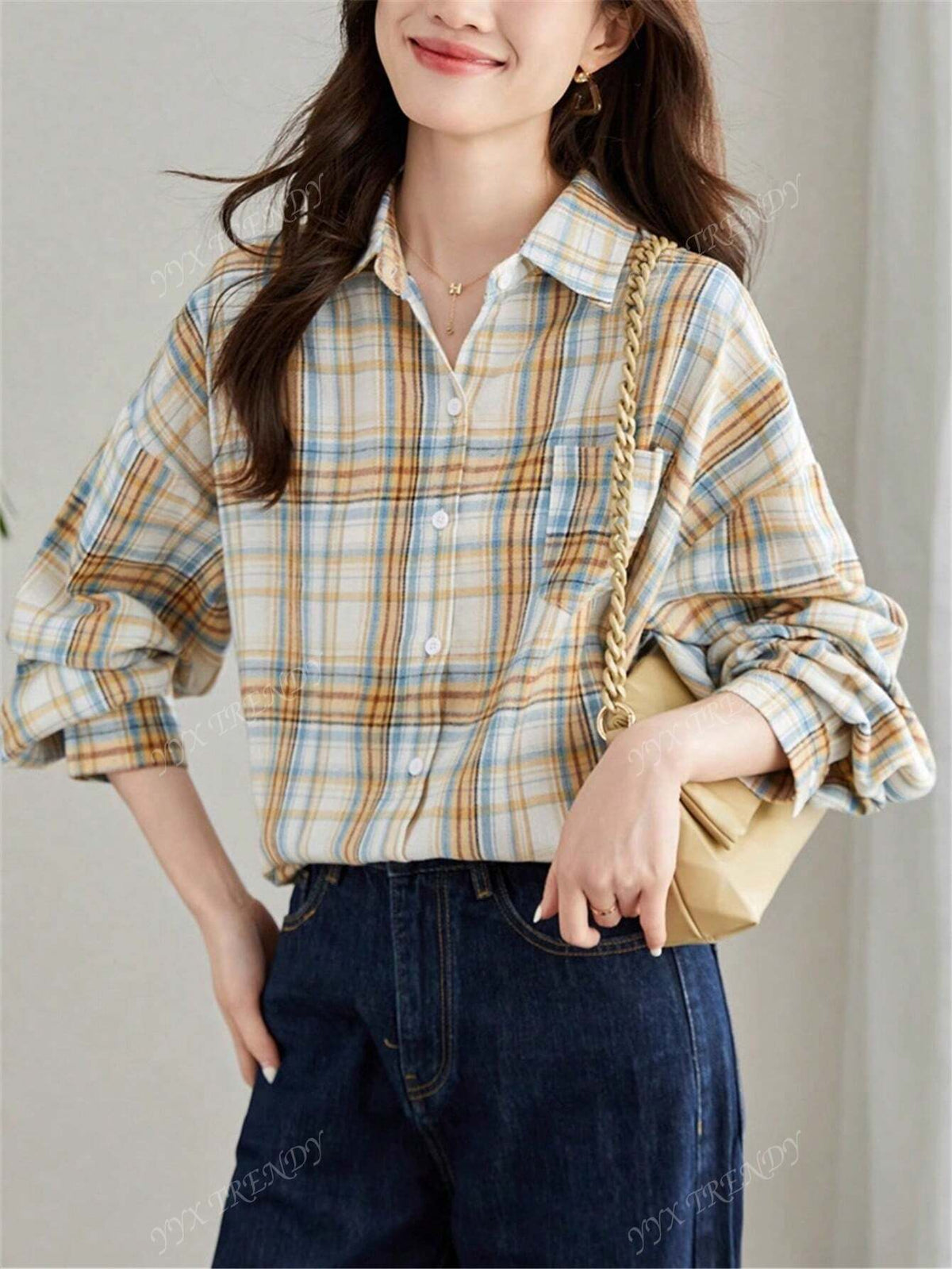 Plaid Print Pocket Turndown Collar Long Sleeve Shirt, Spring/Autumn