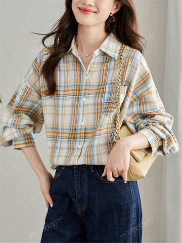 Plaid Print Pocket Turndown Collar Long Sleeve Shirt, Spring/Autumn