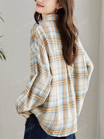 Plaid Print Pocket Turndown Collar Long Sleeve Shirt, Spring/Autumn