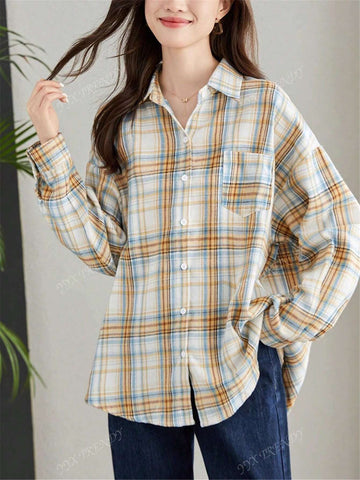 Plaid Print Pocket Turndown Collar Long Sleeve Shirt, Spring/Autumn