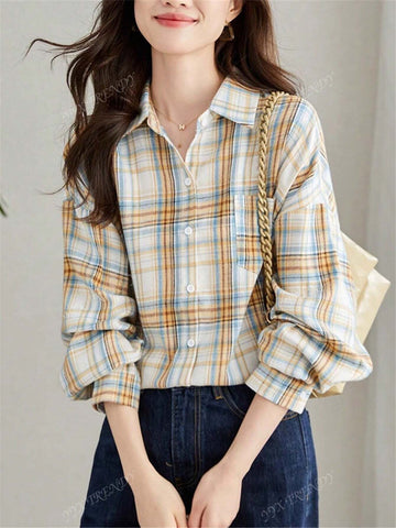 Plaid Print Pocket Turndown Collar Long Sleeve Shirt, Spring/Autumn