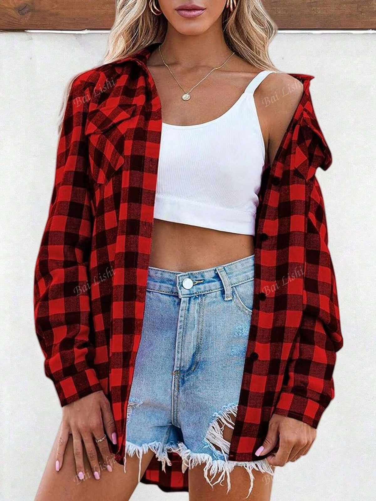 Women's Plaid Shirt Long Sleeved Rolled Button Up Shirt Collar Casual Commuting Boyfriend Style Top