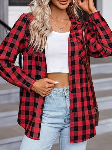 Women's Plaid Shirt Long Sleeved Rolled Button Up Shirt Collar Casual Commuting Boyfriend Style Top